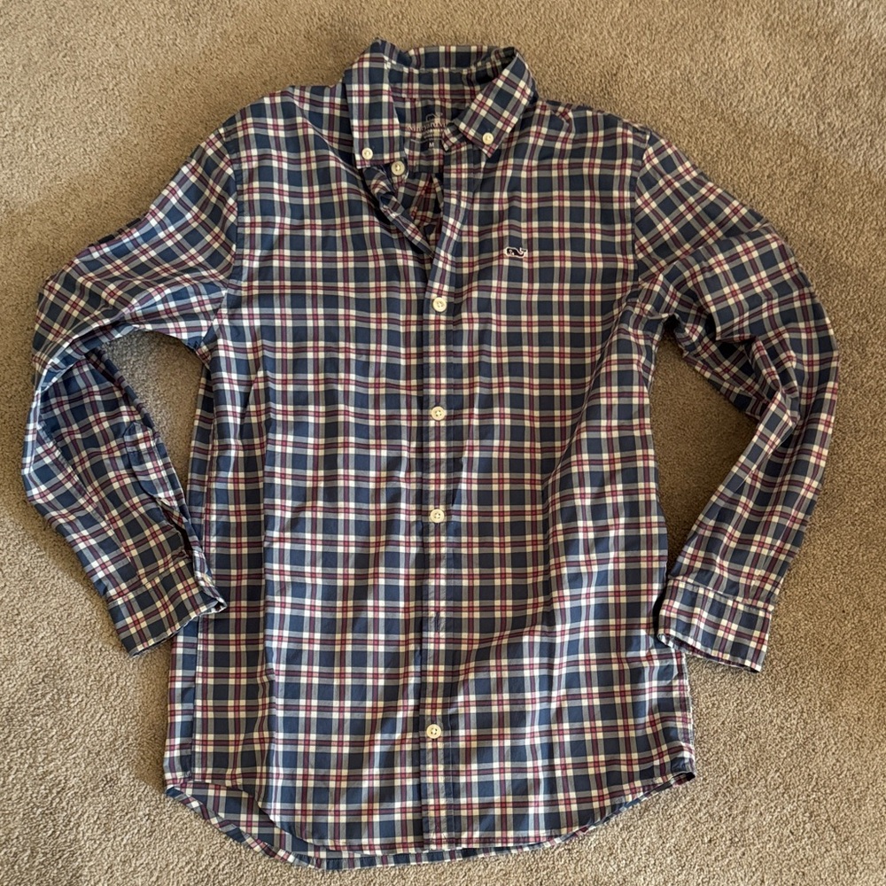 Boy’s Medium Vineyard Vines performance button down Blue and pink Plaid Shirt